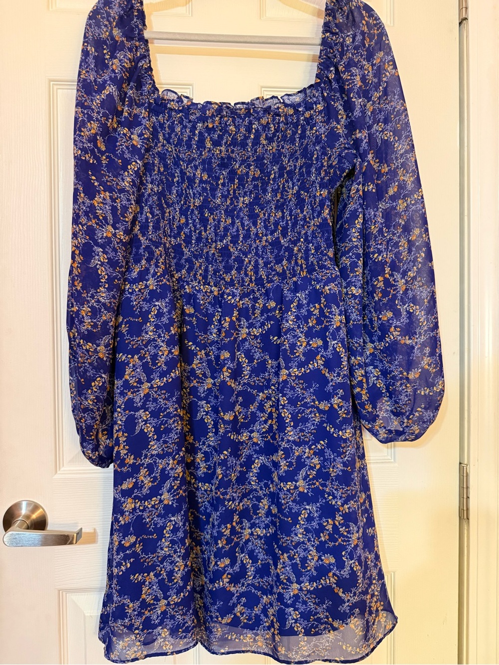 BCBG Paris Royal Blue Floral Smocked Dress with Gold Accents